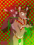 3:4 anthro antlers bambi bambi_(film) bell bell_collar bell_harness bottomwear bound bow_ribbon brown_body brown_eyes brown_fur brown_hair bulge candy candy_cane candy_cane_in_mouth candy_in_mouth christmas clothed clothing collar comic cover cover_art cover_page deer dessert digit_ring digital_media_(artwork) disney duo dustin_c english_text eyebrows eyelashes food fur green_eyes green_leash green_ribbon hair hands_tied harness hi_res holidays horn husband_and_husband jewelry jingle_bell jingle_bell_collar jingle_bell_harness jockstrap jockstrap_only leash leashed_collar looking_at_another male male/male mammal married_couple nude open_mouth red_nose ring ronno scut_tail short_tail simple_background smile standing tail text topless underwear underwear_only wedding_ring