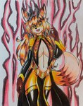 absurd_res anthro black_body black_fur black_hair breasts canid canine clothing dress female fox foxxi fur hair head_fur hi_res horn ideltasarc333 mammal orange_body orange_fur red_eyes solo tail white_body white_fur