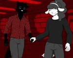 accessory anthro black_body black_fur bottomwear bovid canid canine canis caprine clothing duo eyes_closed female flannel_shirt fritz_rukin fur hair hand_holding headband hi_res john_mort_(a_wolf_in_sheep's_clothing) looking_at_viewer male male/female mammal mardi_(a_wolf_in_sheep's_clothing) pants red_background sheep shirt simple_background smile topwear white_body white_fur wolf