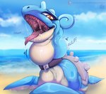 ambiguous_gender ambiguous_prey beach blue_body blue_horn bodily_fluids collar day drooling feral generation_1_pokemon glistening glistening_eyes grey_shell heart_eyes heart_symbol hi_res horn jewelry lapras looking_at_viewer mouth_shot multicolored_body neck_bulge necklace nintendo open_mouth oral_vore orange_eyes outside pink_tongue pokemon pokemon_(species) restricted_swallow saliva saliva_on_tongue saliva_string sand santanahoffman sea shell solo text tongue tongue_out url uvula vore water yellow_body