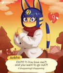 2021 absurd_res alternate_version_at_source animal_crossing ankha_(animal_crossing) anthro asking asking_for_date asking_viewer band-aid bandage big_breasts blue_eyes blue_hair blush bovid bovine breasts clothed clothing coat curvy_figure detailed_background dialogue dialogue_box digital_media_(artwork) domestic_cat dress dusk english_text erect_tail exclamation_point eyelashes felid feline felis female flustered fur gammainks hair hands_together header header_box heart_symbol hi_res huge_breasts interrobang_exclamation looking_at_viewer love makeup mammal nintendo number numbered_heart outside plant question questioning_tone red_clothing red_dress red_scarf repeated_dialogue repeated_text repeating_question romantic romantic_ambiance scarf short_hair signature solo standing surprised_expression tail talking_to_viewer text text_box topwear tree white_clothing white_coat white_topwear wide_eyed yellow_body yellow_fur yes-no_question