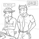 1:1 anthro belt black_and_white bottomwear canid clothed clothed/nude clothed_male clothing collared_shirt comic covering covering_crotch dialogue duo embarrassed english_text fully_clothed fuze hands_on_hips hi_res lanyard male mammal mandated_nudity monochrome navel necktie nipples nude office pants text