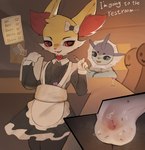 absurd_res anthro braixen canid canine clothing fox fur generation_6_pokemon genitals group hi_res macro maid_uniform male mammal micro nintendo penis pokemon pokemon_(species) red_eyes ti-suger trapped_in_clothing trapped_in_underwear underwear uniform yellow_body yellow_fur