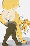 2024 accessory all_fours animal_crossing anthro anus arm_tuft artist_name bell_accessory bent_over black_clothing black_legwear black_nose black_stockings black_thigh_highs blonde_hair blush blush_lines bodily_fluids bottomless canid canine canis clothed clothing digital_media_(artwork) dipstick_tail domestic_dog embarrassed exclamation_point eye_through_hair eyelashes feet female fur genitals hair hair_accessory hair_over_eye hairband humanoid_genitalia humanoid_pussy isabelle_(animal_crossing) legwear llametsul looking_at_viewer looking_back looking_back_at_viewer mammal markings mostly_nude multicolored_body multicolored_fur multicolored_tail nintendo partially_clothed plump_labia pussy raised_tail rear_view red_hairband shih_tzu signature simple_background solo stockings sweat tail tail_markings tail_tuft thigh_highs toes toy_dog translucent translucent_hair tuft white_background white_body white_fur white_tail wide_eyed yellow_body yellow_fur yellow_tail