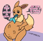 ambiguous_gender ambiguous_pred ambiguous_prey anthro anthro_pred anthro_prey belly big_belly black_eyes brown_body brown_fur cute_pose dialogue eevee eeveelution english_text fish_tail fluffy fluffy_tail fur gameplay_mechanics generation_1_pokemon group hand_imprint hand_on_belly hand_on_own_belly holding_belly huge_belly imprint inflation inflation_fetish long_ears looking_at_viewer multiple_prey neck_tuft nintendo oral_vore pokemon pokemon_(species) pompuffy_(artist) raised_tail sequence sitting speech_bubble squirming struggling struggling_prey swallowing tail text tuft vaporeon vore weight_gain willing_pred