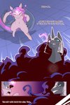 2:3 armor black_body cold-blooded-twilight comic equid female friendship_is_magic glowing glowing_eyes hasbro headgear helmet hi_res mammal my_little_pony nightmare_moon_(mlp) pupils purple_body slit_pupils smile text twilight_sparkle_(mlp)