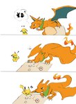 2024 2_horns 3_panel_comic ambiguous_gender bodily_fluids charizard chufflepop claws comic digital_media_(artwork) duo ellipsis eyes_closed female fire flaming_tail generation_1_pokemon green_scarf happy hi_res horn map mouth_closed nintendo open_mouth orange_body paws pikachu pokemon pokemon_(species) pokemon_mystery_dungeon pupils question_mark scarf silhouette spike_chunsoft sweat sweatdrop tail white_sclera wings x_marks_the_spot yellow_body