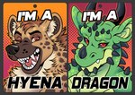 2024 2_horns anthro bared_fangs biped black_sclera brown_body brown_fur curved_horn dragon duo fur green_body green_scales hi_res horn hyena looking_at_viewer male mammal muttasaur mythological_creature mythological_scalie mythology orange_eyes red_eyes scales scalie sharp_fangs