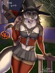 absurd_res anthro bottomwear canid canine canis clothed clothing costume crossdressing erik_(thataustrian) food fruit halloween halloween_2024 hat headgear headwear hi_res holidays jack-o'-lantern link6432 male mammal oc_character panties plant pumpkin skirt solo tail underwear witch_costume wolf ych_(character)