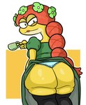 2024 amphibia_(series) amphibian anthro big_butt butt clothing disney dress felicia_sundew female frog green_clothing green_dress hi_res lipstick makeup panties solo squish swampman thigh_squish underwear yellow_body yellow_skin