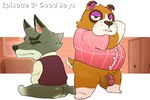 2024 animal_crossing anthro balls belly booker_(animal_crossing) brown_body canid canine canis clothing dobie_(animal_crossing) domestic_dog duo genitals haxsmack hi_res male mammal mature_male nintendo overweight overweight_male penis shirt sitting topwear wolf