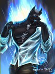 abs absurd_res anthro barazoku blue_fire canid canine canis clothing colored_fire demon domestic_dog fangs fire hair hi_res humanoid kemonohenry male mammal muscular pecs shadow solo tail teeth teeth_showing undressing wolf