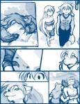 2018 adobe_photoshop_(artwork) anthro bandage blue_and_white breasts canid canine canis chest_tuft clothed clothing comic conditional_dnp digital_media_(artwork) female fur group hair human keidran long_hair looking_back male mammal monochrome natani plant raine_silverlock simple_background sketch tom_fischbach tree tuft twokinds white_background wolf zen_(twokinds)