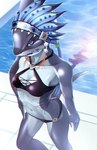 000 anthro bikini black_bikini black_clothing black_swimwear blue_body blue_eyes blue_skin blue_tongue breasts clothing collarbone doubutsu_sentai_zyuohger female fish gills hair long_hair marine navel non-mammal_breasts sela shark solo super_sentai swimming_pool swimwear tongue two-piece_swimsuit water