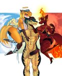 2019 alligator alligatorid angel anthro breasts butt canid canine crocodile crocodilian demon digital_media_(artwork) female fire fox genitals group hi_res katfishcom laluka male male/female mammal penis razer_fyrebrandt_(geimhreadh) reptile scalie shaded simple_background unknown_character white_background