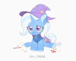 big_eyes bilidongdong cape character_name clothing equid equine female feral friendship_is_magic hasbro horn horse mammal my_little_pony mythological_creature mythological_equine mythology pony purple_cape purple_clothing sad simple_background solo trixie_(mlp) unicorn white_background