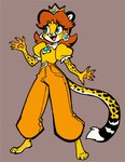 2024 5_fingers anthro anthrofied barefoot belt belt_buckle blue_eyes bottomwear brown_hair buckle cheetah claws clothed clothed_anthro clothed_female clothing crown digital_drawing_(artwork) digital_media_(artwork) dipstick_tail ear_piercing feet felid feline female female_anthro finger_claws fingers flower_accessory front_view full-length_portrait fur hair headgear hi_res joffrobert mammal mario_bros markings nintendo open_mouth open_smile orange_belt orange_bottomwear orange_clothing orange_pants pants pawpads piercing portrait princess_daisy shirt simple_background smile solo spots spotted_body spotted_fur tail tail_markings toe_claws topwear white_tail_tip yellow_body yellow_clothing yellow_fur yellow_shirt yellow_topwear