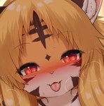 2024 anthro blep blonde_hair bodily_fluids brown_body brown_fur cropped cute_fangs digital_media_(artwork) fangs felid female female_anthro fur hair half-closed_eyes horokusa0519 kemono looking_at_viewer mammal multicolored_body multicolored_fur narrowed_eyes naughty_face orange_body orange_fur pantherine pink_nose pupils red_eyes saliva slit_pupils solo sweat sweatdrop teeth tiger tongue tongue_out tora-chan_(horokusa) white_body white_fur