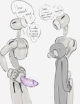 airpods ambiguous_gender animate_inanimate anon anthro big_penis blush blush_lines dialogue english_text floating genitals group hi_res kogito living_earbud living_machine machine male penis robot speech_bubble text trio