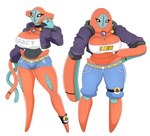 absurd_res anthro big_breasts bottomwear breasts clothing collar defense_forme_deoxys deoxys duo female generation_3_pokemon hi_res jacket legendary_pokemon legwear nintendo normal_forme_deoxys pants pokeball pokemon pokemon_(species) red_body ring shirt shorts simple_background star topwear urusee584 white_background white_eyes