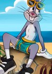 2024 absurd_res anthro beach blush buckteeth bugs_bunny bulge clothed clothing footwear fur grey_body grey_fur hairlessboyblunder hi_res lagomorph leporid looney_tunes male mammal nipples rabbit shoes sitting smile solo teeth topless warner_brothers