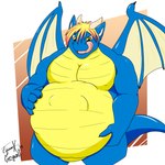 2018 ambiguous_gender ambiguous_prey anthro dragon fatdoodleboof hair hand_on_belly hi_res male male_pred minimike_(kentam) mythological_creature mythological_scalie mythology overweight scalie squirming squirming_belly thick_thighs tongue tongue_out vore wide_hips wings