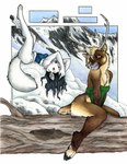 2023 anthro antlers arctic_fox black_hair black_nose black_pawpads blonde_hair bottomless breasts canid canine clothed clothing deer duo female fox foxene fur hair hi_res hooves horn mammal mountain new_world_deer pawpads reindeer scut_tail short_tail snow tail true_fox white_body white_fur