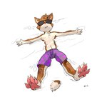 2023 anthro barefoot bottomwear brown_body brown_fur brown_hair cheek_tuft clothed clothing domestic_cat eyewear facial_tuft feet felid feline felis front_view fur glasses hair hi_res male mammal mouth_closed obscured_eyes oselotti partially_submerged pawpads purple_bottomwear purple_clothing purple_shorts red_pawpads short_hair shorts signature solo sunglasses topless tuft wearing_glasses white_body white_fur