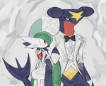 2024 anthro arm_in_arm biped black_bow_tie black_sclera black_tie_(suit) blue_body blue_scales blush blush_lines bow_tie clothing colored deinovolt digit_ring digital_drawing_(artwork) digital_media_(artwork) duo english_description gallade garchomp generation_4_pokemon hi_res husband_and_husband jewelry looking_at_another looking_at_partner looking_at_viewer male male/male multicolored_body multicolored_scales nintendo pokemon pokemon_(species) red_body red_eyes red_scales red_spikes ring scales shark_tail side_by_side signature smile smiling_at_another smiling_at_partner suit wedding wedding_ring white_clothing white_rose white_suit yellow_body yellow_eyes yellow_scales