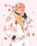 body_hair bovid bovine cattle chest_hair cowbell facial_hair hair horn horned_humanoid human humanoid male mammal messy_hair moosopp muscular muscular_male not_furry pink_hair sal_(moosopp) solo tail tailed_humanoid tan_body