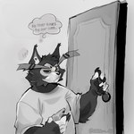 1:1 2024 anthro artist_name black_nose catatex_69 clothing comic demon dialogue digital_media_(artwork) door electronics english_text felid feline greyscale hazbin_hotel hi_res husk_(hazbin_hotel) looking_at_object male mammal monochrome phone shirt solo t-shirt text topwear