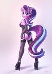 absurd_res anthro armwear breasts butt butt_pose clothing corset cutie_mark dandy_(artist) digital_media_(artwork) dock_(anatomy) elbow_gloves equid equine eyebrows eyelashes female footwear friendship_is_magic garter_straps gloves handwear hasbro hi_res high_heels horn lingerie looking_at_viewer looking_back mammal my_little_pony mythological_creature mythological_equine mythology pose purple_eyes raised_tail shoes signature simple_background smile solo starlight_glimmer_(mlp) tail topwear unicorn