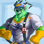 1:1 abs anthro biceps big_chest bone clothed clothing ghost gloves green_body green_eyes handwear hi_res league_of_legends looking_at_viewer male muscular muscular_anthro muscular_male pecs riot_games rolenzoart simple_background skull skull_head smile solo spirit tencent thresh topwear