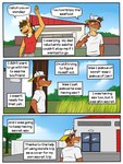 3:4 anthro backwards_baseball_cap backwards_hat baseball_cap bovid bovine canid canine canis cattle clothed clothing comic coyote dialogue duo english_text fully_clothed fuze hat headgear headwear hi_res male mammal mond_reyes outside shirt t-shirt tank_top texnatsu text topwear ty_conrad