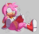 amy_rose anthro anus bodily_fluids boots bottomwear breasts butt clothed clothing clothing_lift dress eulipotyphlan eyelashes female footwear fur genitals gloves grey_background handwear hedgehog mammal partially_clothed pink_body pink_fur plump_labia puffy_anus pussy red_bottomwear red_clothing red_footwear red_shoes red_skirt sega shoes simple_background size_difference skirt skirt_lift small_breasts smaller_female solo sonic_the_hedgehog_(series) spazkid spread_legs spreading steam surprised_expression sweat sweatdrop tail third-party_edit