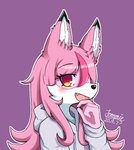 2020 4_fingers anthro brand_new_animal bust_portrait canid canine clothed clothing cute_fangs female female_anthro fingers fox fur hair jammie0910 mammal multicolored_body multicolored_fur nazuna_hiwatashi pink_body pink_fur pink_hair portrait purple_background simple_background solo studio_trigger white_body white_fur