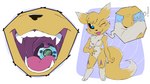 2023 anthro bandai_namco black_sclera breasts canid digimon digimon_(species) female fur gaping_mouth gulp_(sound_effect) lecigzz mammal mouth_shot neck_bulge object_in_throat object_ingestion open_mouth renamon simple_background solo swallowing swallowing_sound_effect teeth tongue tongue_out uvula white_body white_fur yellow_body yellow_fur