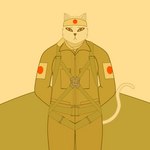 1:1 anthro at_attention bw112v clothed clothing collar curved_tail domestic_cat felid feline felis female fur hands_behind_back hi_res japanese_flag jumpsuit mammal military_uniform pupils red_eyes scarf simple_background slit_pupils solo standing straps tail tatsumaki_shimakaze uniform white_body white_collar white_ears white_fur worried