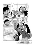 absurd_res antennae_(anatomy) anthro blush bodily_fluids castle clothed clothing comic dialogue dion_(doneru) doneru drooling eye_markings fangs floppy_ears frill_(anatomy) gesture greyscale group hair hi_res horn ilnick_(doneru) japanese_text levor looking_at_another lop_ears mammal markings monochrome outside right_to_left robe rumi_(doneru) saliva scalie shari shirt simple_background smile teeth text topwear translated waving young young_anthro