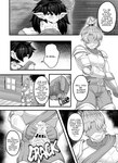 absurd_res armor bed bedroom big_breasts blush bodily_fluids breasts clothed clothing comic darren_(martincorps) dialogue duo english_text female furniture goblin gobu hair hi_res human humanoid humanoid_pointy_ears male mammal martincorps monochrome not_furry nude pillow speech_bubble sweat text