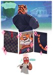 anthro biped blush close-up clothing comic detailed_background duo epic_games felid food food_creature for_a_head fortnite hi_res holding_map male mammal mancake_(fortnite) object_head oscar_(fortnite) pantherine sheepdan2 smile smirk sparkles suit_and_tie sweater tail text tiger topwear