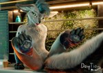 3d_(artwork) anthro c4d cinema_4d_(artwork) daytia digital_media_(artwork) fluffy fur grass hair hi-tech hi_res lamp male open_mouth paws plant rexouium smile solo tail warm_light warm_lighting