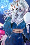 2:3 accessory animal_mask anthro asian_clothing blue_clothing blue_eyes breasts canid canine canis chest_tuft cleavage clothed clothing east_asian_clothing female fireworks fox_mask fur grey_body grey_fur hair hair_accessory hi_res japanese_clothing kemono kimono mammal mask okami_bark ookamiwaho pink_hair smile smiling_at_viewer solo tuft wolf