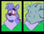 anthro awesomecakester bear beard blue_nose blush bodily_fluids clothed clothed_male clothing cody_(themadcatter) embarrassed facial_hair fur goatee hi_res humor male mammal purple_body purple_fur reaction_image solo sweat sweatdrop towel water wet wet_towel