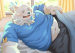 2024 anthro bed bedding blanket blue_nose blush bottomwear bulge canid canine canis clothing detailed_background domestic_dog erection erection_under_clothing furniture hi_res homohomofever inside kemono lifewonders live_a_hero male mammal morning_wood open_mouth overweight overweight_male pants smile solo yohack