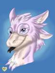 ambiguous_gender anthro avali avian blep blue_background digital_media_(artwork) eyewear feathers fur glasses headshot_portrait hi_res kerolink koudoawaiavortex male pink_body pink_fur portrait purple_eyes sharp_teeth signature simple_background smile solo teeth tongue tongue_out