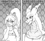 2016 accessory anthro belly bow_(feature) bow_accessory bow_ribbon breasts burping clothing comic domestic_cat dragon duo english_text felid feline felis female hair_accessory hair_bow hair_ribbon hi_res horn if_hell_had_a_taste male mammal marci_hetson monochrome mythological_creature mythological_scalie mythology open_mouth overweight overweight_anthro overweight_female ribbons scalie scar shirt skylar_fidchell text topwear viroveteruscy