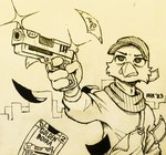 2023 absurd_res anthro avian beak bird card cheek_tuft clothed clothing facial_tuft friends_vs_friends gun hat headgear headwear hi_res holding_gun holding_object holding_ranged_weapon holding_weapon inktober ranged_weapon signature solo theblueberrycarrots traditional_media_(artwork) tuft weapon