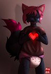 anthro blue_body clean_diaper clothed clothing diaper digital_media_(artwork) ears_up eyes_closed fluffy fluffy_tail hair hazy-katu heart_symbol hi_res hybrid male shirt simple_background solo tail topwear wearing_diaper