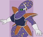 absurd_res alien appule big_breasts biped breasts cleavage clothed clothing crossgender dragon_ball dragon_ball_z female gloved_hands hi_res huge_breasts looking_at_viewer markings methados mtf_crossgender non-mammal_breasts purple_background purple_body simple_background solo spots spotted_body thick_thighs